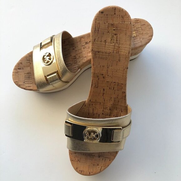 Michael Kors MK Warren Leather Platform Cork Slide Sandals Gold Logo Plate 10M - Picture 2 of 16